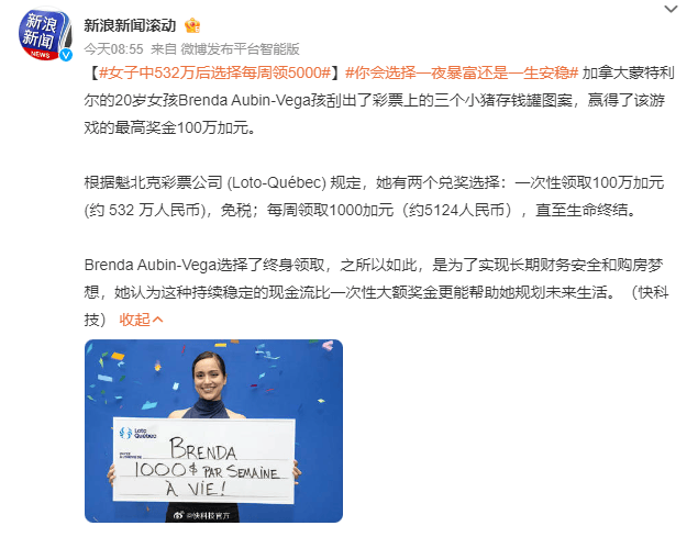 皇冠信用网申请
_20岁女孩中500多万元彩票后放弃一次性领取皇冠信用网申请
,选择每周领5000多元!网友吵翻,你怎么选?